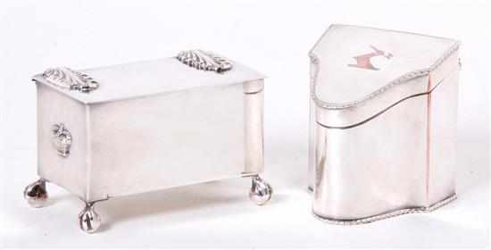 Appraisal: English silverplate miniature-form boxes miniature knife-box shaped box H ''