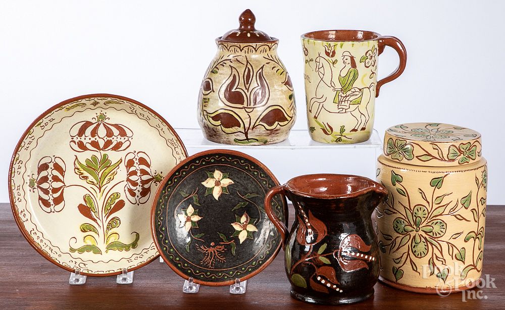 Appraisal: Six pieces of Keyser sgraffito redware Six pieces of Keyser