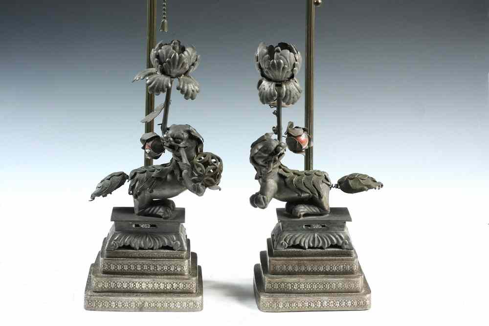 Appraisal: PAIR CHINESE PEWTER FOO DOG LAMPS - Pair th c