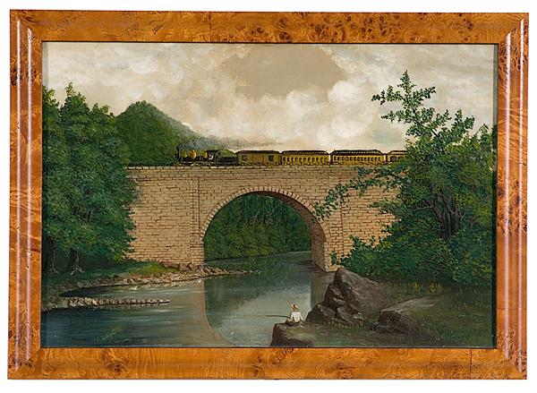 Appraisal: AMERICAN SCHOOL PAINTING TRAIN IN RIVERSCAPE Late th century an