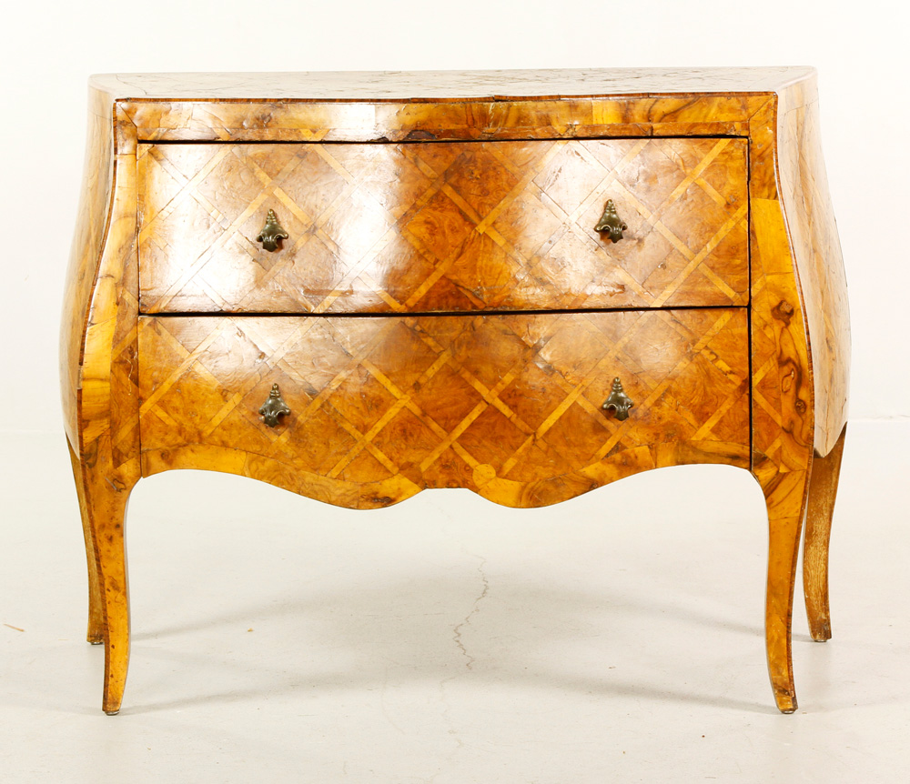 Appraisal: - Italian Marquetry Bombe Chest Italian marquetry bombe two-drawer chest