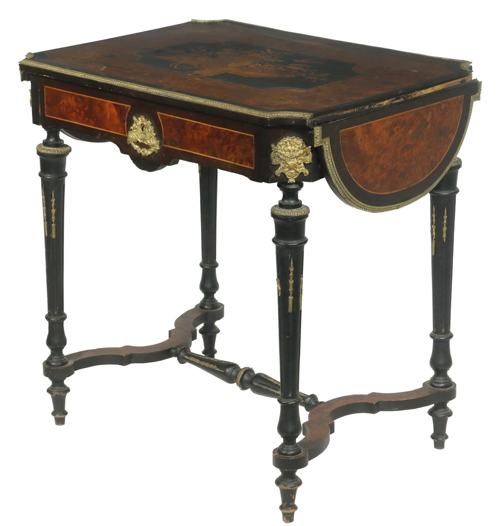 Appraisal: FRENCH MARQUETRY DROP LEAF WRITING TABLE Mid- th c Napoleon