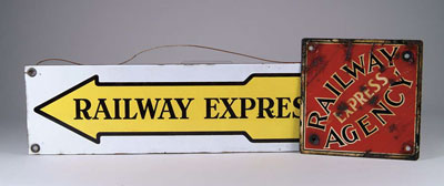 Appraisal: LOT OF RAILWAY EXPRESS SIGNS Rectangular porcelain sign with black