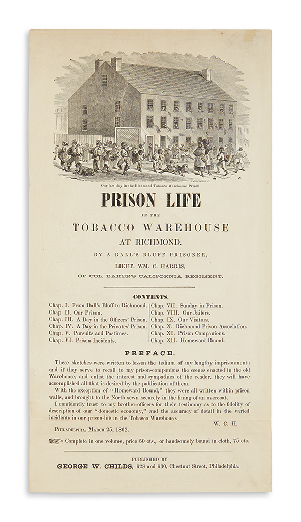 Appraisal: CIVIL WAR Advertising broadside for Prison-Life in the Tobacco Warehouse