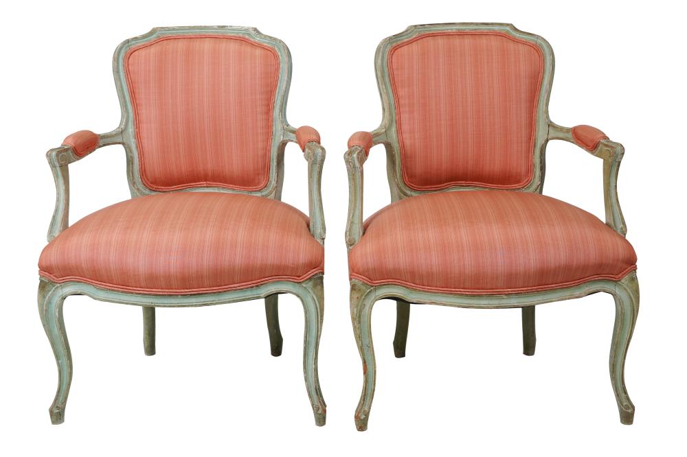 Appraisal: PAIR OF PAINTED LOUIS XV STYLE FAUTEUILSpale green with striated