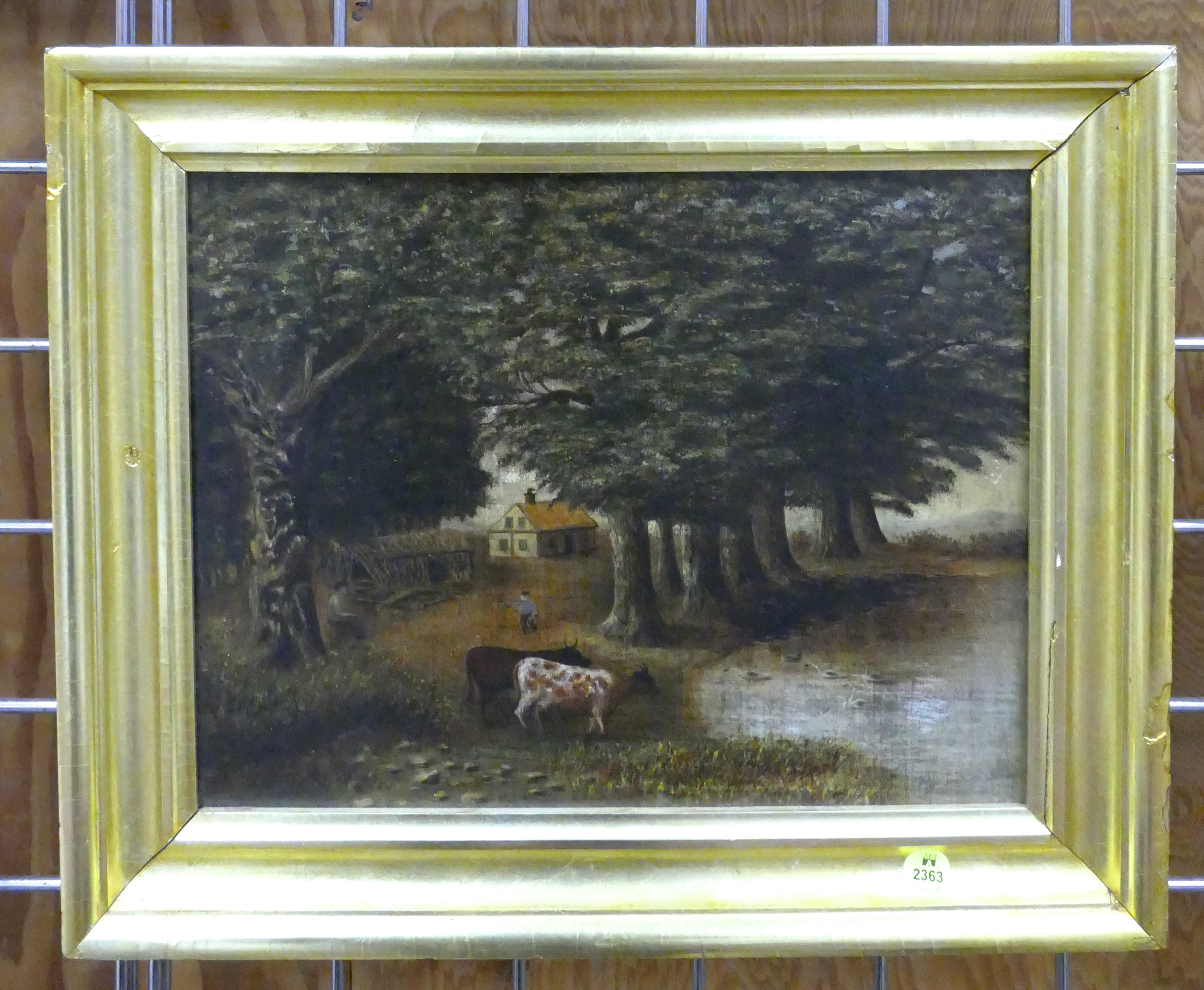 Appraisal: Antique Naive Farm Scene Oil Painting Framed- x ''