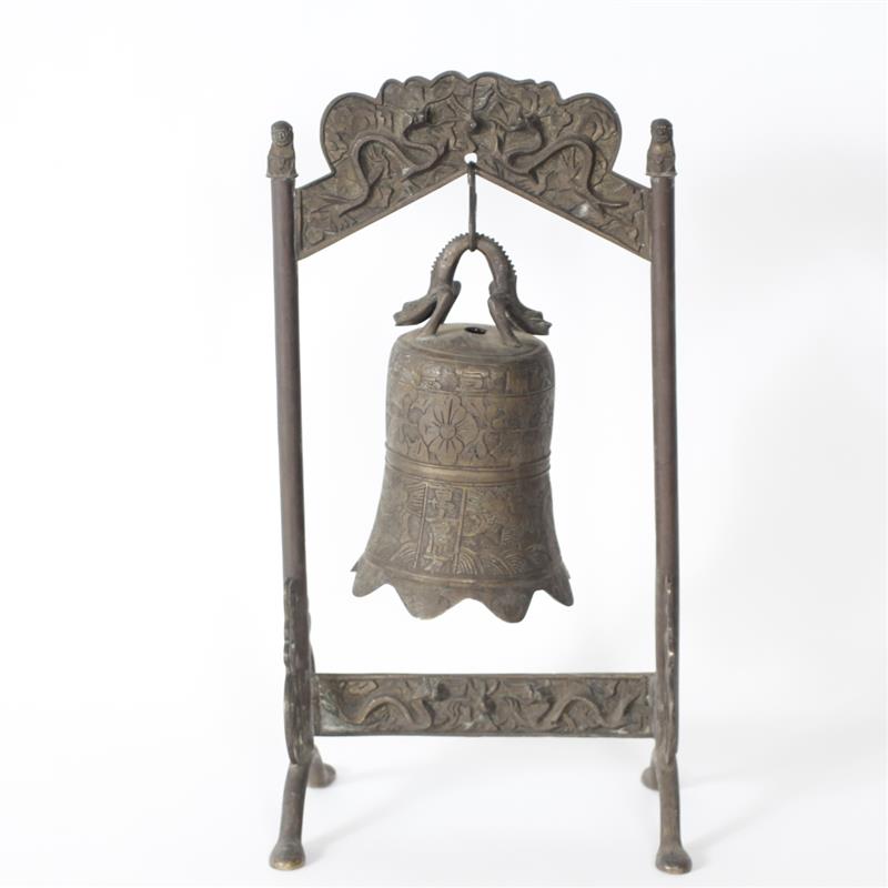 Appraisal: Chinese decorated bronze temple altar bell on bronze armature stand