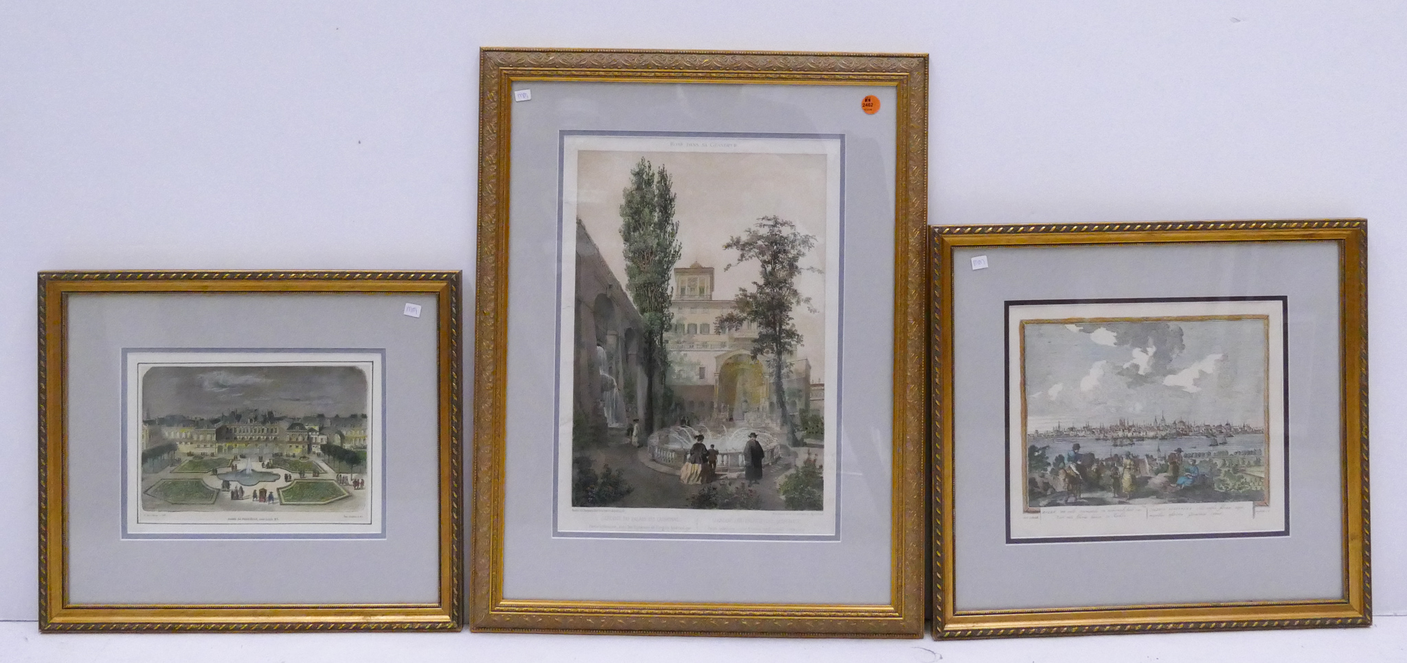 Appraisal: pc Antique European Colored Engravings in Gilt Frames Largest measures