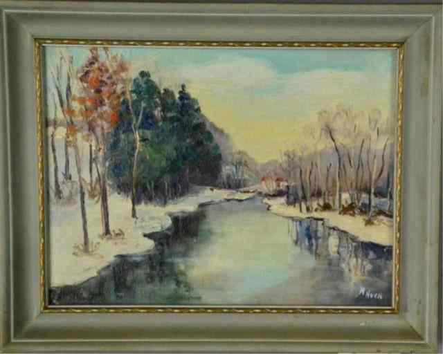 Appraisal: SIGNED HARRY HORN OIL ON CANVASEnchanting winter riverscape with trees