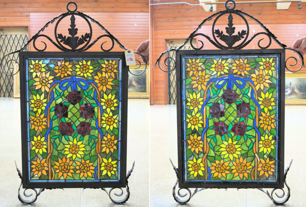 Appraisal: PAIR STAINED AND LEADED GLASS WINDOW PANELS mounted in brown