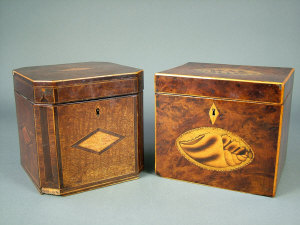 Appraisal: A George III figured walnut tea caddy inlaid with marquetry