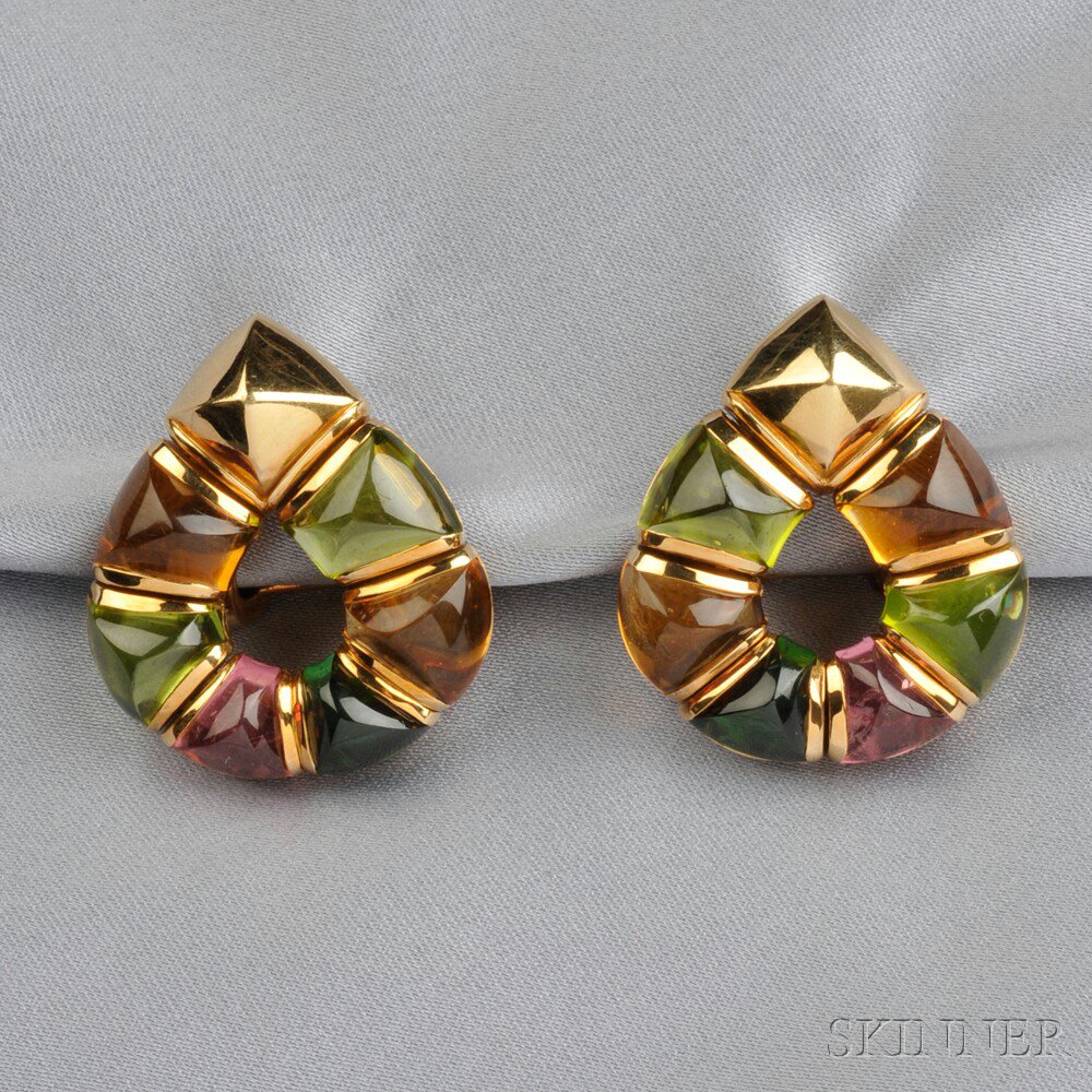 Appraisal: kt Gold Gem-set Earpendants Bulgari each hoop with fancy-cut colored