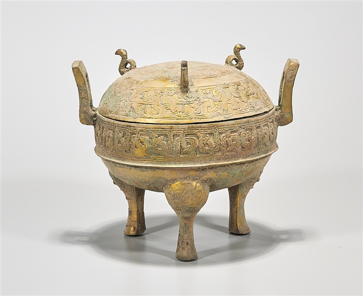 Appraisal: Chinese archaistic bronze covered tripod vessel x x approx