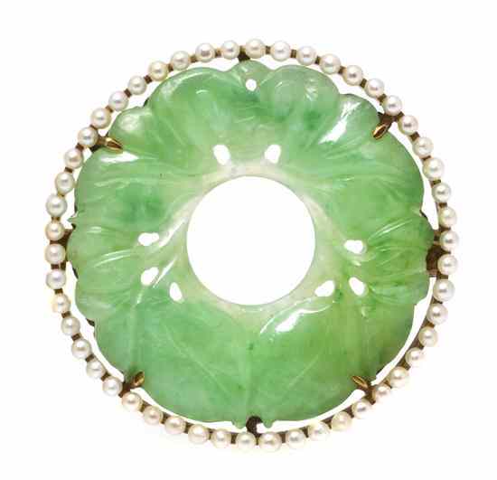 Appraisal: A Karat Yellow Gold Jade and Seed Pearl Brooch consisting