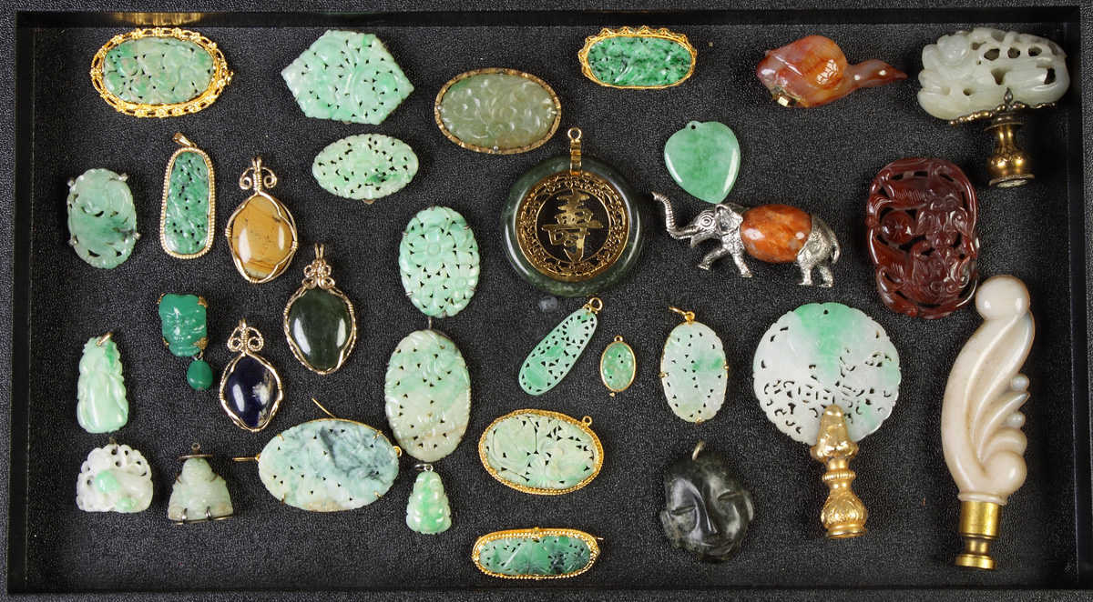 Appraisal: Group Jadeite Hard stone Jewelry and Jade Finials Inc pins