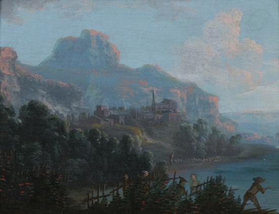 Appraisal: DUTCH SCHOOL th century RIVER LANDSCAPE WITH MOUNTAINS AT SUNSET