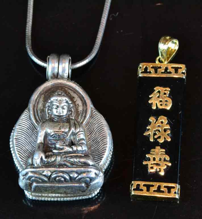 Appraisal: Pcs Chinese Gold and Sterling JewelrySterling pendant depicting a seated