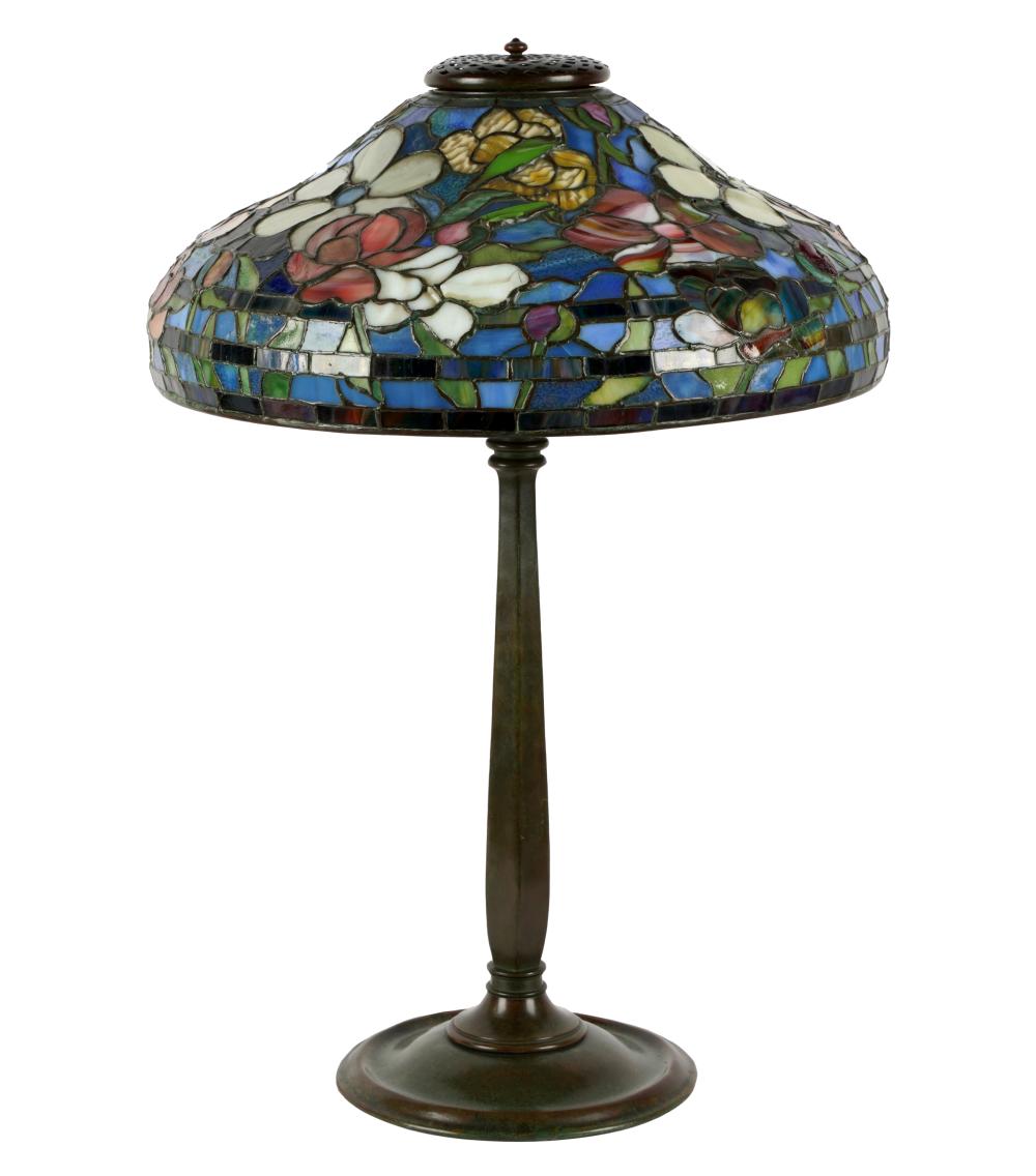 Appraisal: TIFFANY STUDIOS BRONZE LEADED GLASS LAMPthe base stamped Tiffany Studios