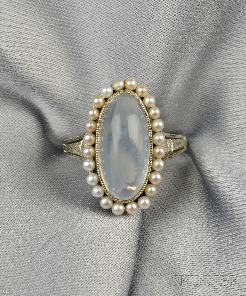 Appraisal: Art Deco kt White Gold Moonstone and Seed Pearl Ring