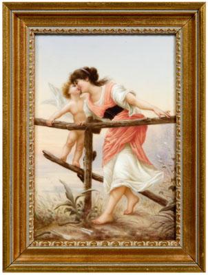 Appraisal: Porcelain plaque signed Eilers maiden with cupid at a fence