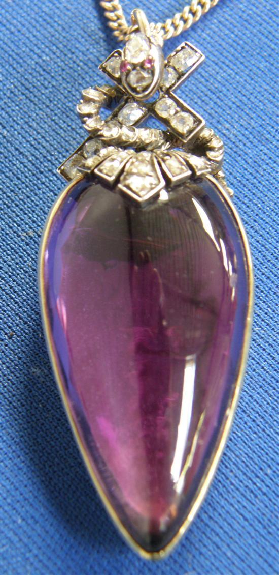 Appraisal: Amethyst and gold tear drop memorial pendant set with rose