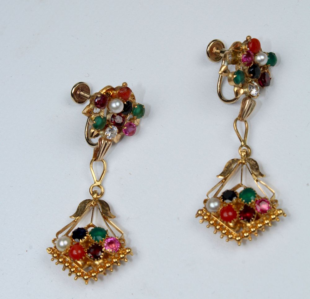 Appraisal: k Gold Multi-Stone Hanging Earrings k Gold Multi-Stone Hanging Earrings