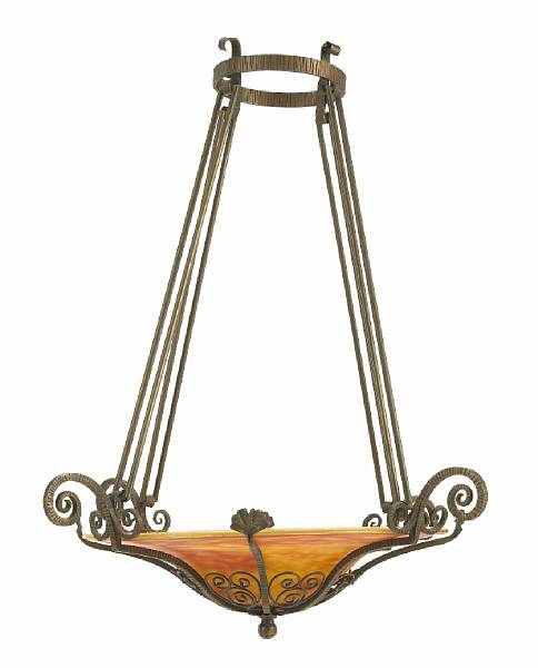 Appraisal: A Daum Nancy mottled glass and wrought-iron chandelier early th