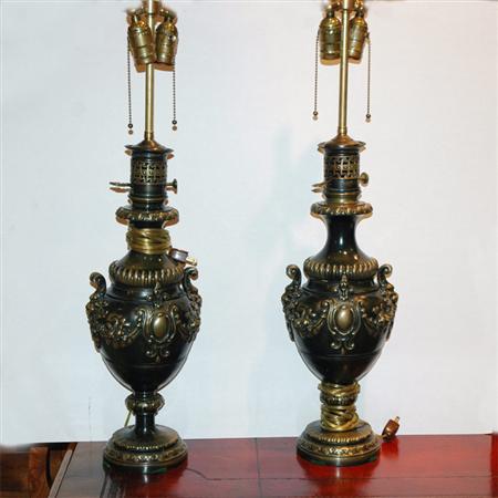 Appraisal: Pair of Empire Style Patinated-Bronze Lamps Estimate -