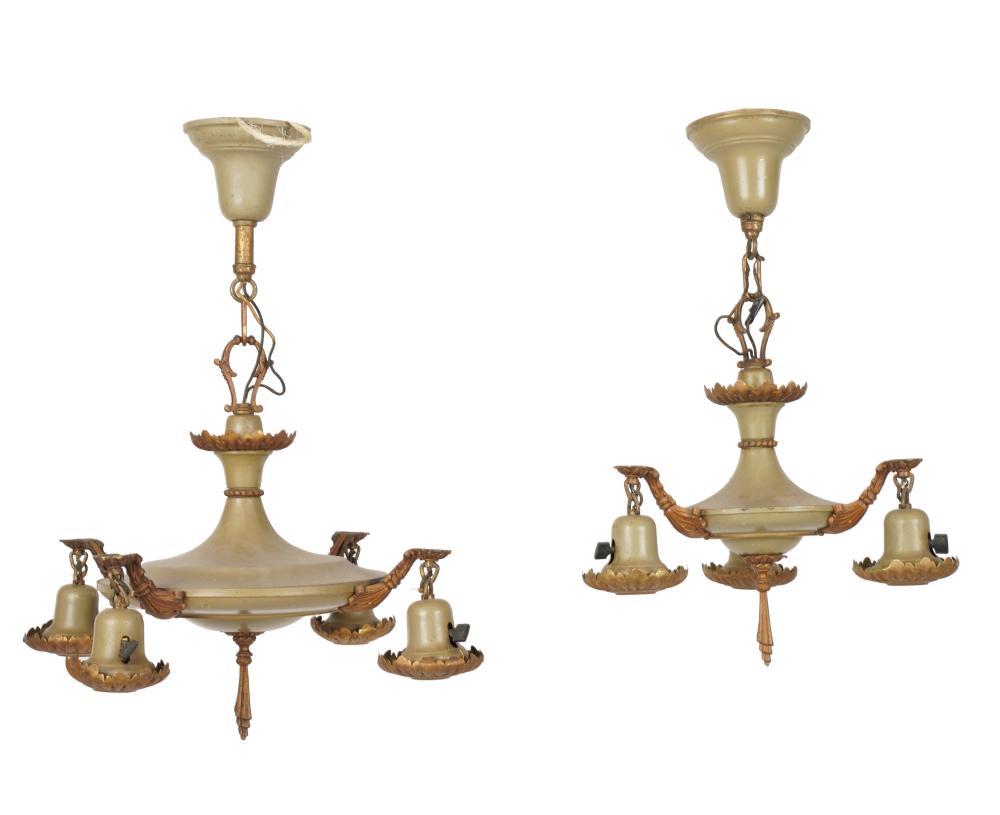 Appraisal: TWO PAINTED GILT METAL CEILING FIXTURESeach with four lights inches