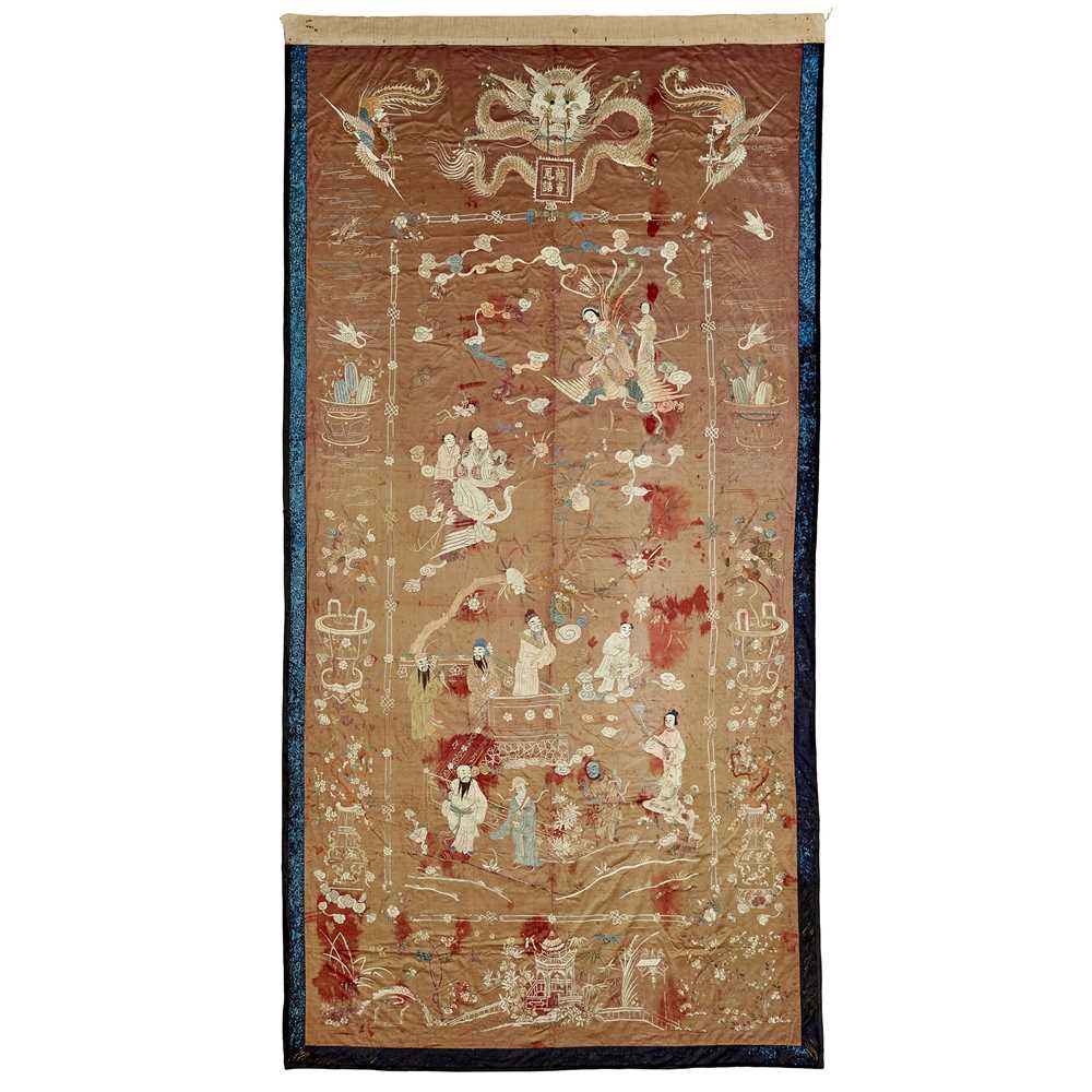 Appraisal: MASSIVE CINNAMON GROUND SILK EMBROIDERED 'LONGEVITY' HANGING PANEL LATE QING