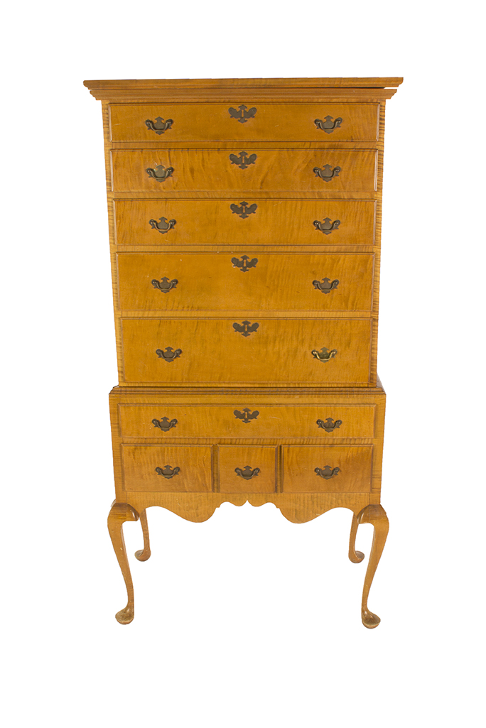 Appraisal: SMALL SIZE TIGER MAPLE QUEEN ANNE-STYLE HIGH CHEST Boldly figured