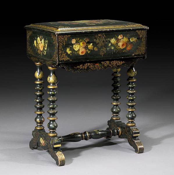 Appraisal: A French black lacquered and stencil decorated work table second