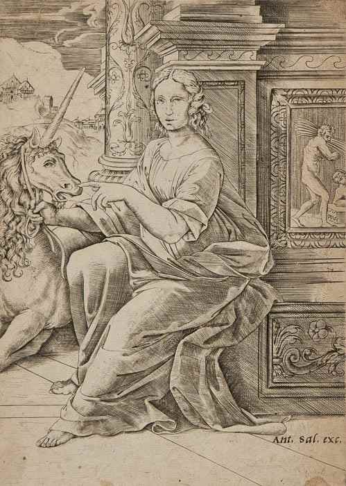 Appraisal: Agostino Veneziano fl - Chastity gesturing to a unicorn engraving