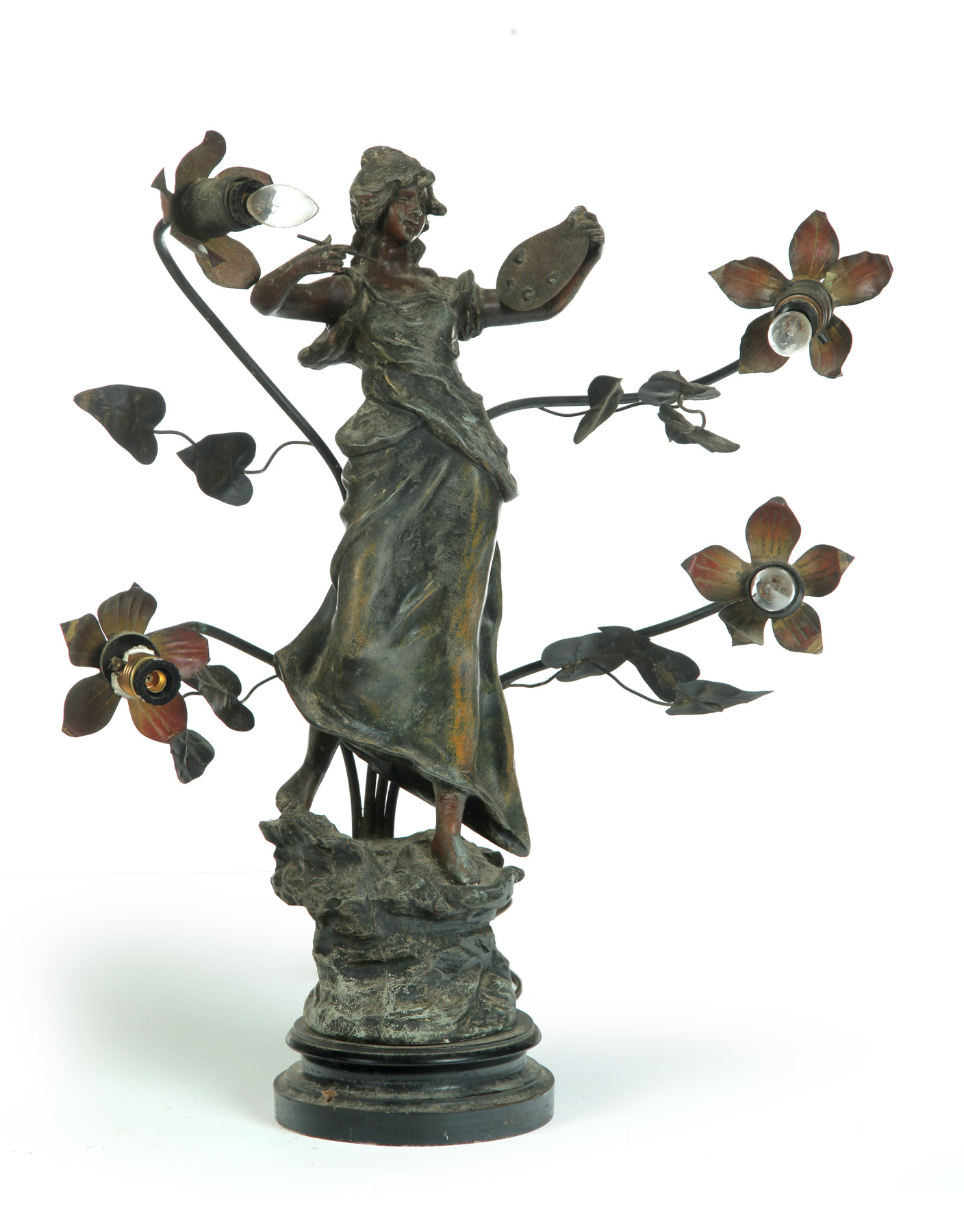 Appraisal: SPELTER ART NAUVEAU LAMP France ca Diaphonous lady artist with