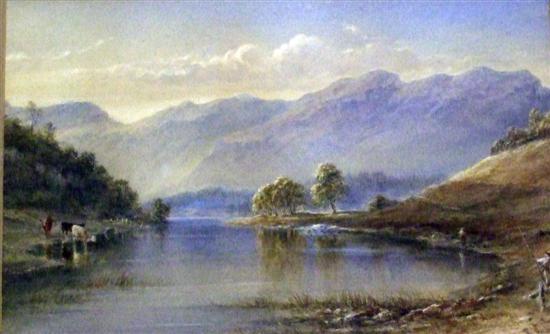 Appraisal: EDWARD TUCKER - Figures and cattle by a lake mountains