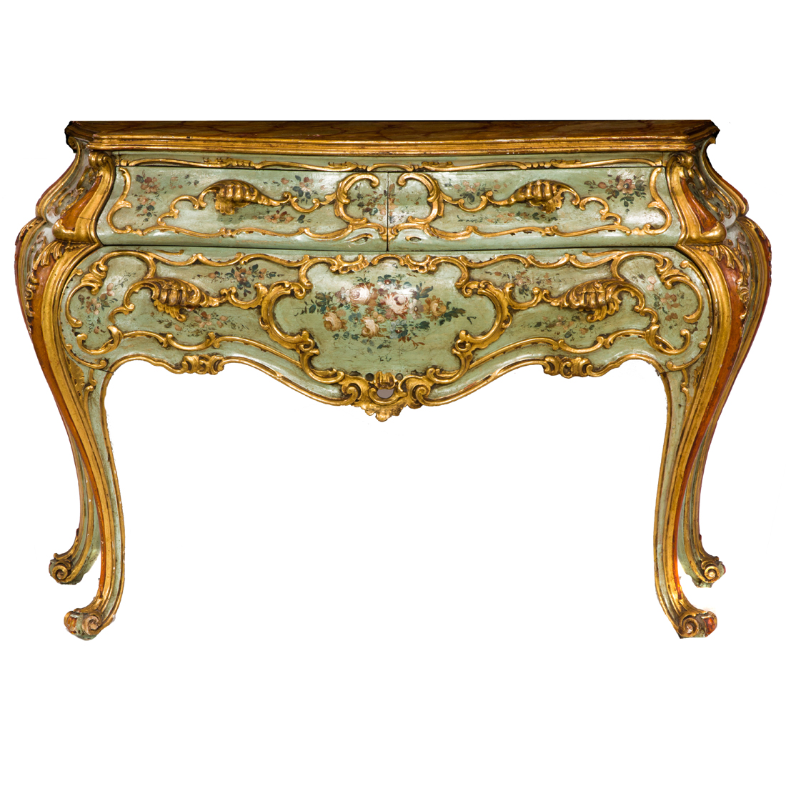 Appraisal: A FRENCH POLYCHROME AND PARTIAL GILT BOMBE COMMODE IN THE