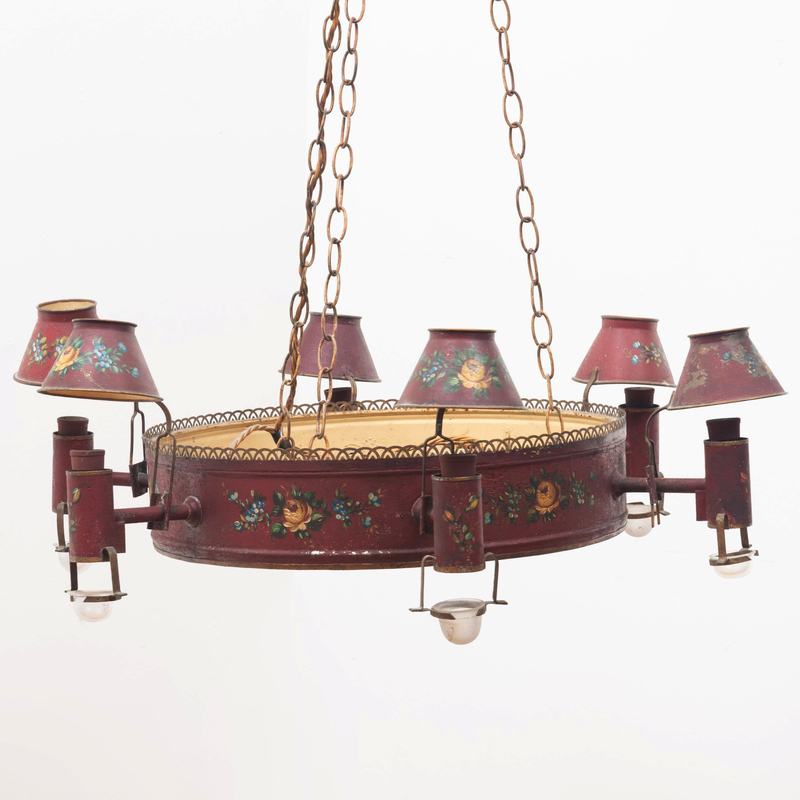 Appraisal: French Red Painted T le Six-Light Chandelier x in diam