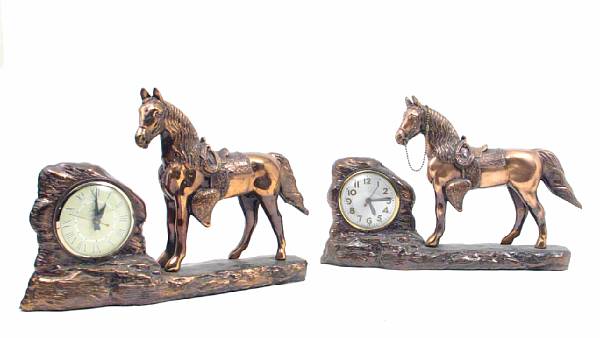 Appraisal: Two American patinated metal equestrian clocks height in width in