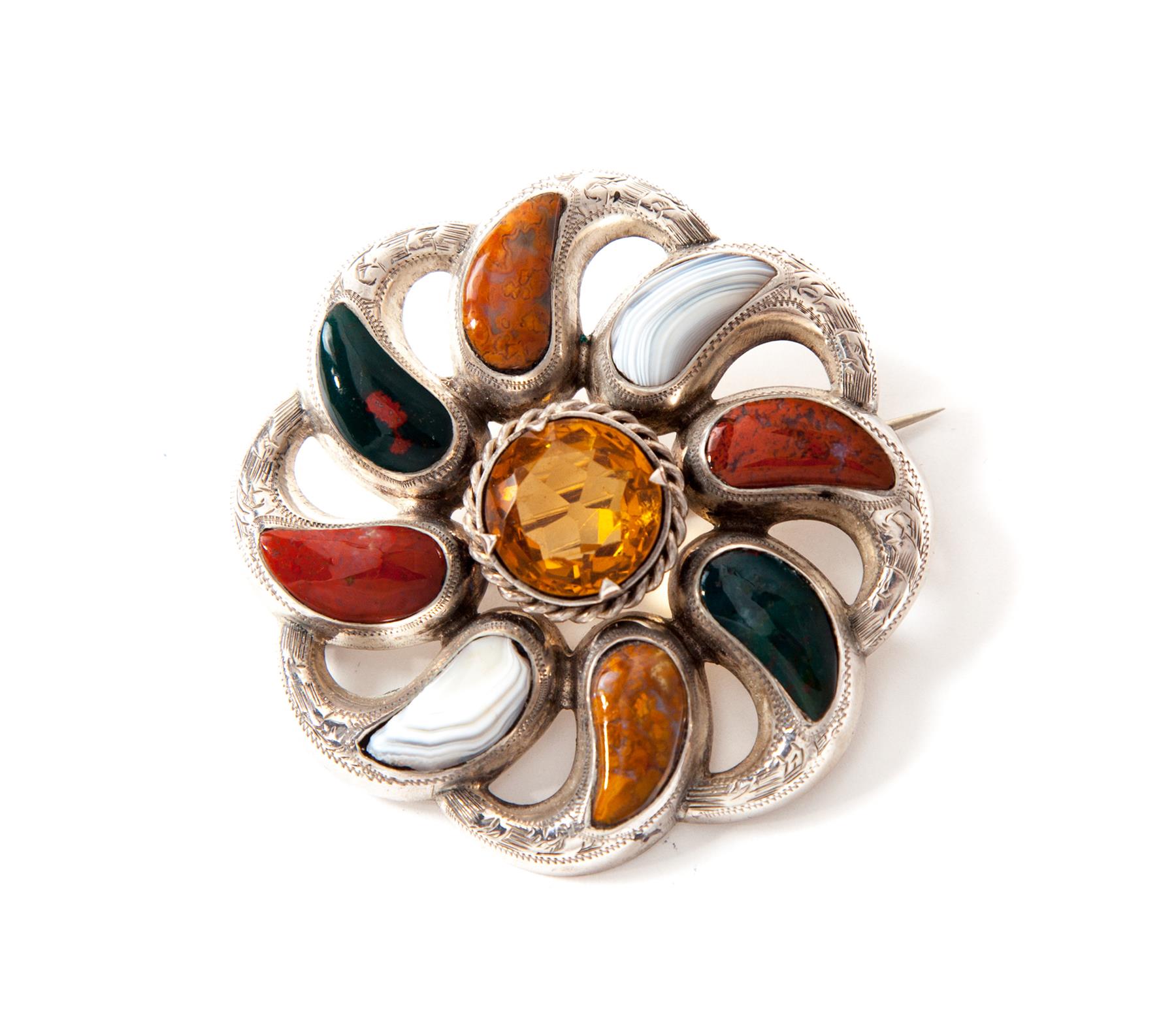 Appraisal: SILVER AND MULTICOLOR AGATE BROOCH England mid-late th century Designed