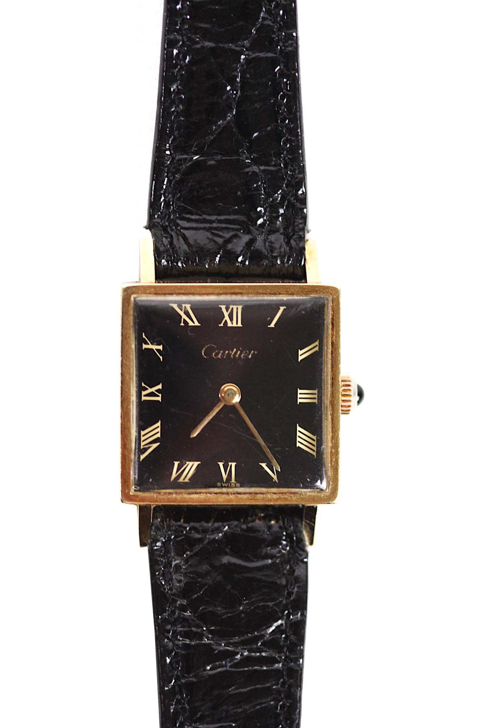 Appraisal: LADIES' KT GOLD WRISTWATCHFace marked Cartier Crocodile black band