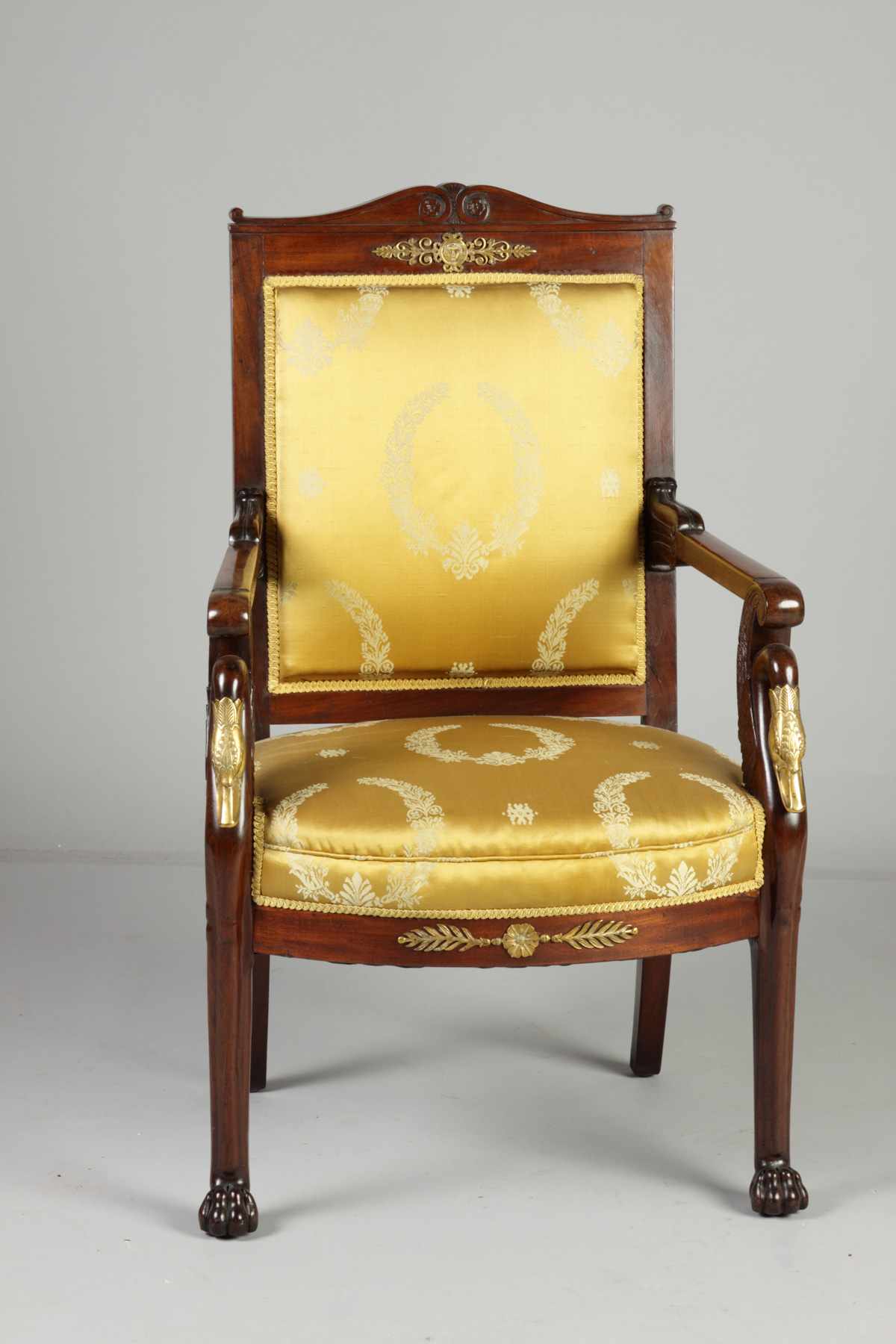 Appraisal: French Empire Armchair w Ormolu mount swan's heads carved paw