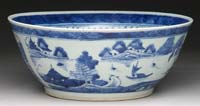 Appraisal: BLUE AND WHITE CANTON PUNCHBOWL WITH SCENIC DECORATION Mid th