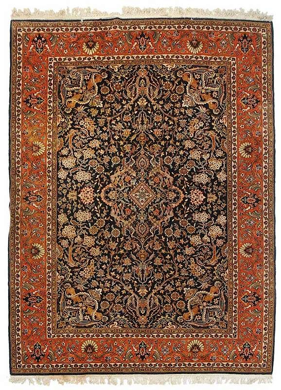 Appraisal: Persian Style Hand Knotted Carpet th century navy ground with