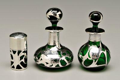 Appraisal: Three silver overlay perfumes all emerald green one in monogram