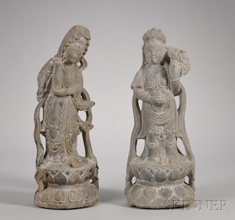 Appraisal: Pair of Gray Stone Standing Quan Yin Figures ht in