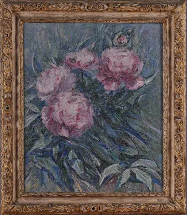 Appraisal: WILLIAM CARRIGAN - PINK PEONIES Oil on canvas backed with