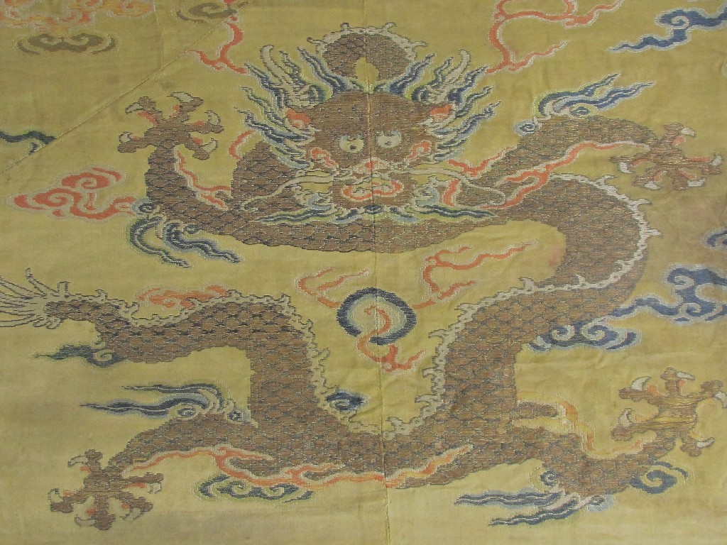 Appraisal: An th Century yellow ground dragon robe section with facing