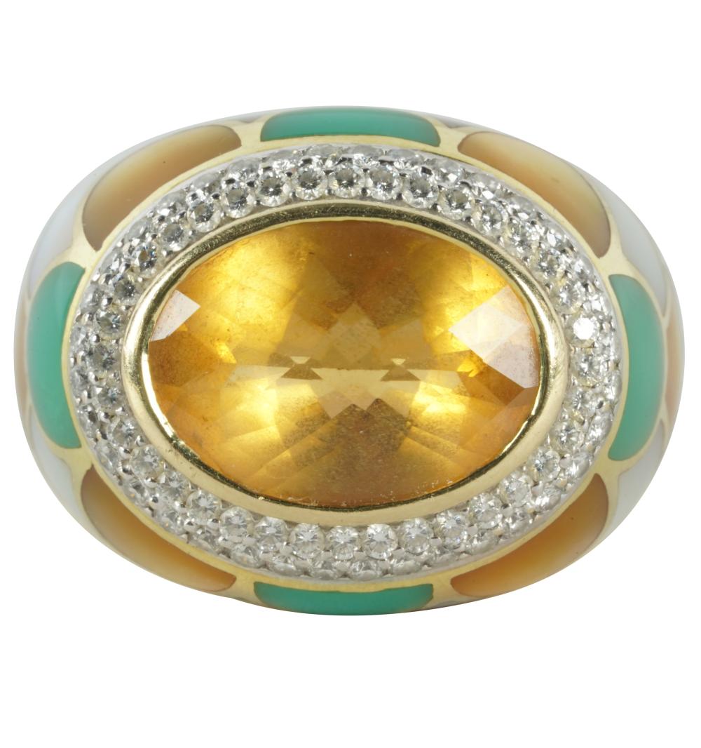 Appraisal: ASCH GROSSBARDT KARAT YELLOW GOLD MULTI-GEM RINGcentering one oval checkerboard-cut