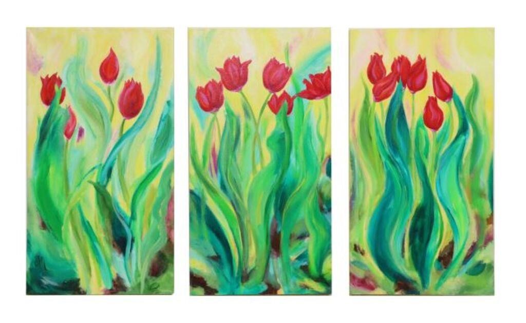 Appraisal: Unframed acrylic on stretched canvas triptych Red Tulips signed lower