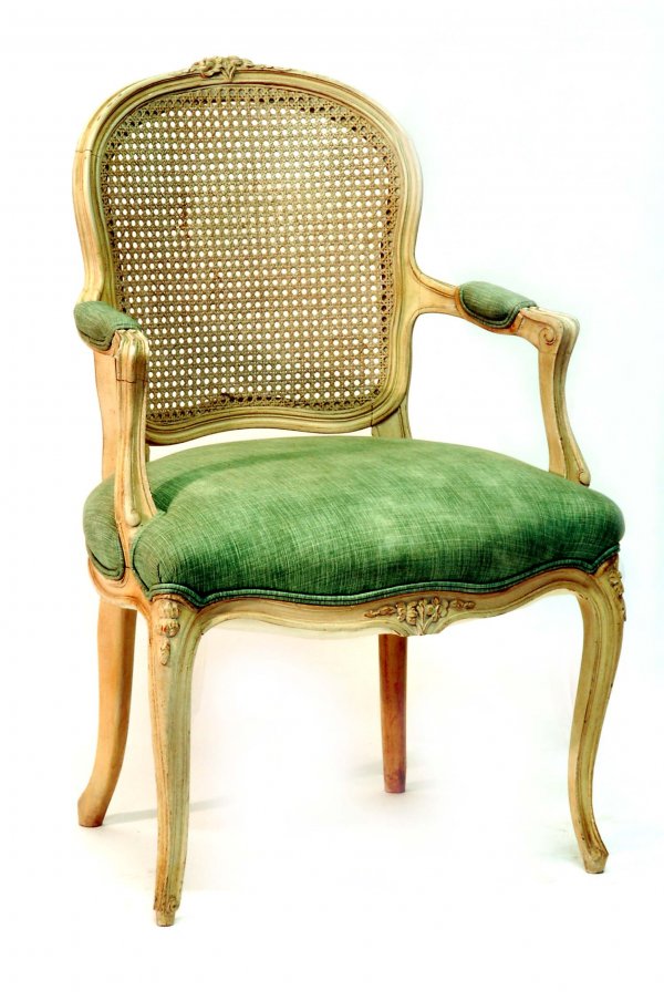 Appraisal: Arm chair French carved frame painted cream Woven wicker back